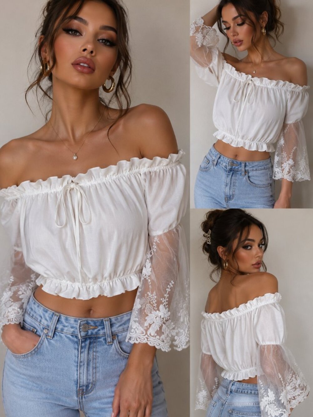 Womens White Peasant Blouse Sheer Lace Bell Sleeve Off Shoulder Boho Crop Top